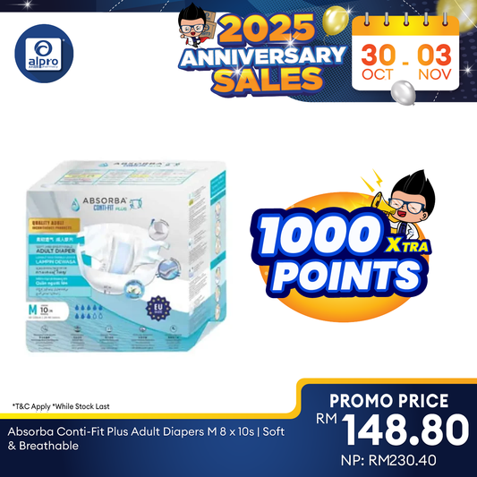 Absorba Conti-Fit Plus Adult Diapers M 8 x 10s | Soft & Breathable Alpro Pharmacy