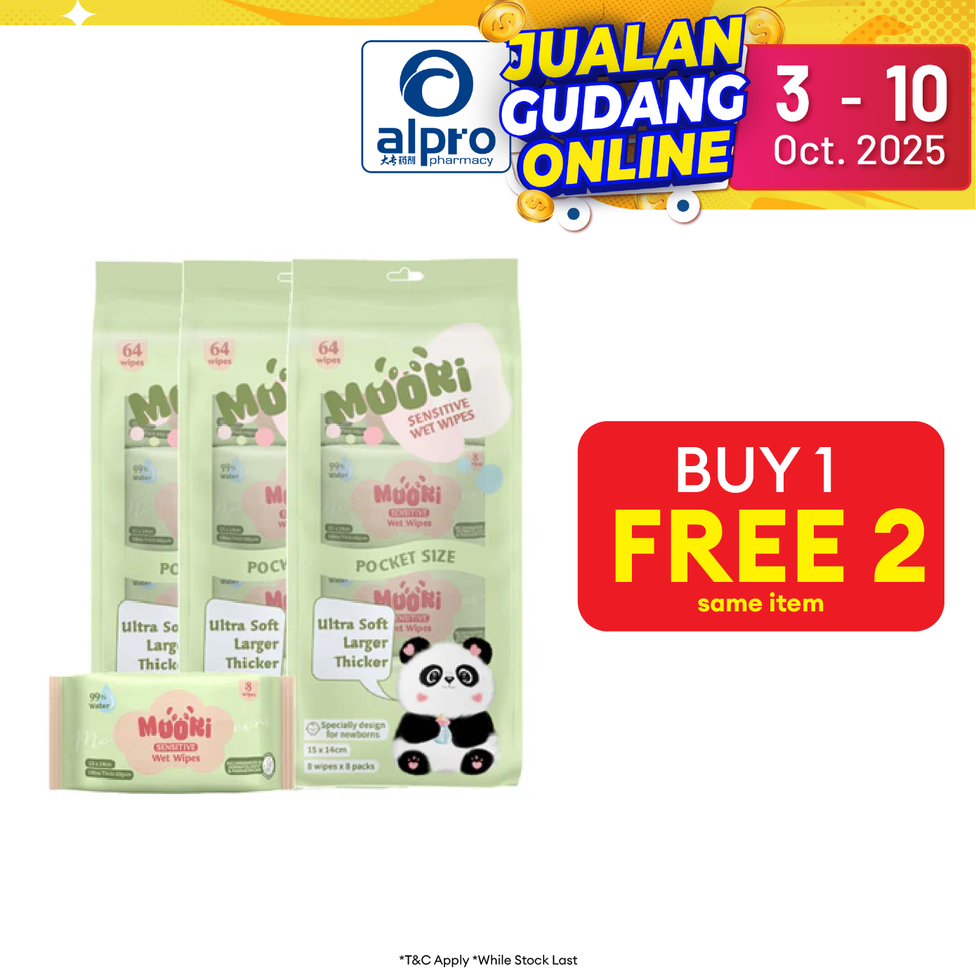 Moori Mini Sensitive Wet Wipes 64s (3 packs) | Safe for Babies & Mums Moori