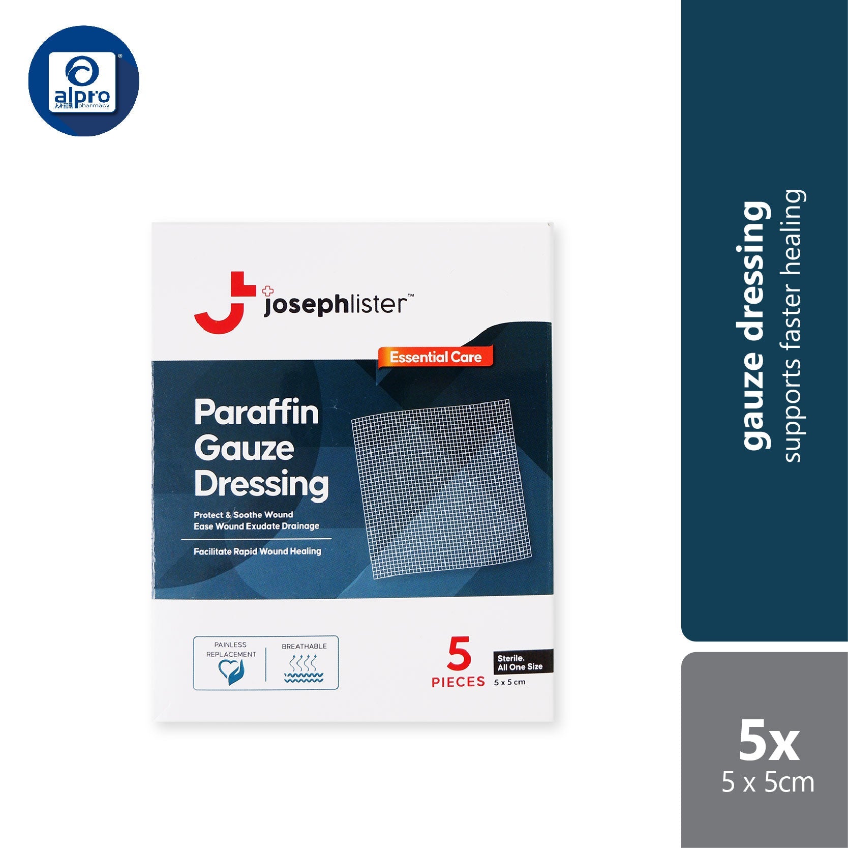 Josephlister Parrafin Gauze Dressings 5cmx5cm 5s| Protect & Soothe Wound Alpro Pharmacy