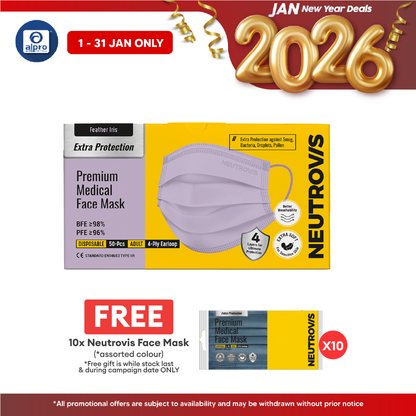 Neutrovis 4ply Premium Medical Face Mask with Extra Protection (Feather Iris) 50s | For Adults Alpro Pharmacy