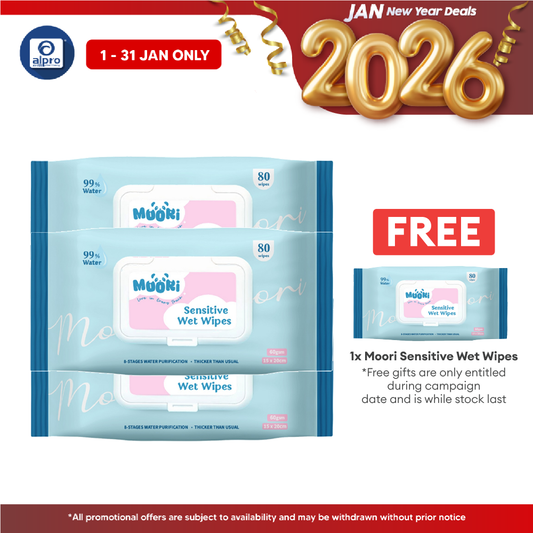 Moori Sensitive Wet Wipes 80s (×3 packs) | Wide Wipes with Aloe Vera Extract