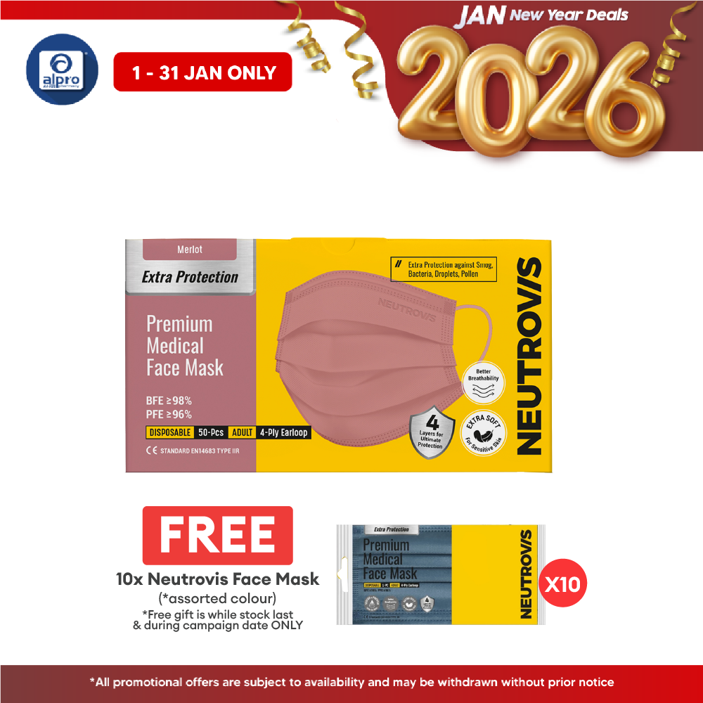 Neutrovis 4ply Premium Medical Face Mask with Extra Protection (Merlot) 50s | For Adult Alpro Pharmacy
