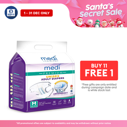 Medi Premium Unisex Adult Diapers (M) 10s | Fast Dry Absorption Alpro Pharmacy