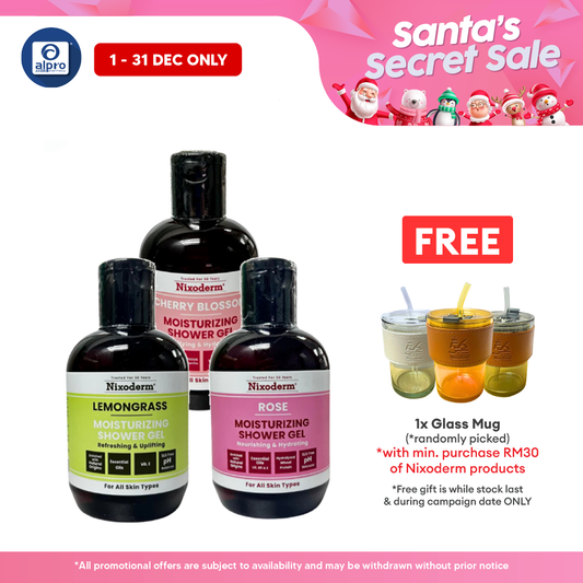 Nixoderm Moisturizing Shower Gel (Rose/ Lemongrass/ Cherry Blossom) 300mL | Pleasant Natural Scented Shower Gel Alpro Pharmacy
