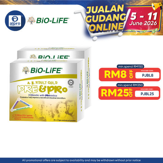 Bio-life A.B. Gold Prebiotic With Probiotic 2.5g 2x30 Sachet | For Adults (Exp: 01/2025) Bio-life