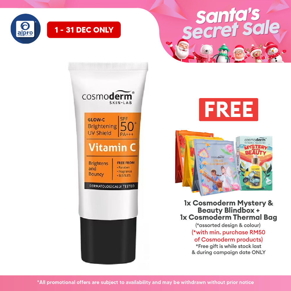 Cosmoderm Glow-C Brightening UV Shield SPF50+ PA+++ 30ml | Sunblock For Face & Body Alpro Pharmacy