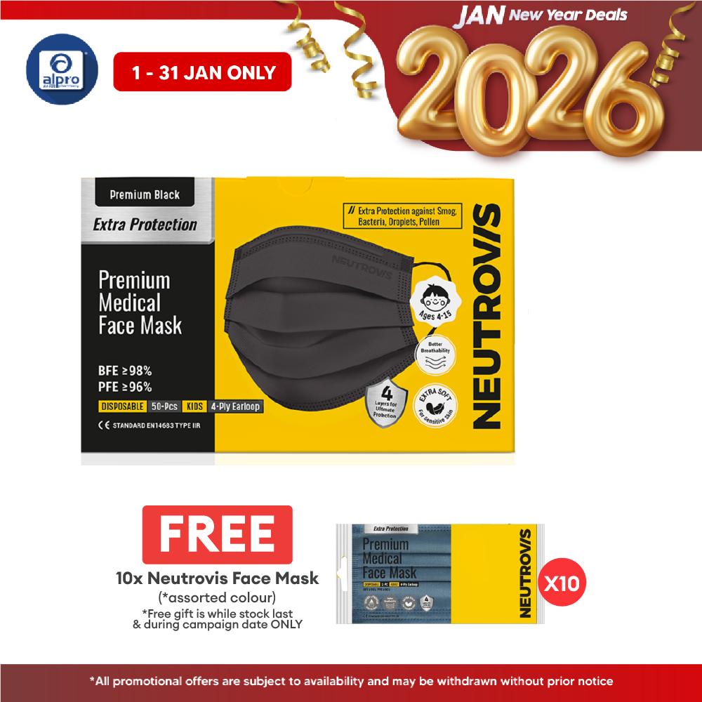 Neutrovis 4ply Premium Medical Face Mask with Extra Protection (Black) 50s | For Kids Alpro Pharmacy