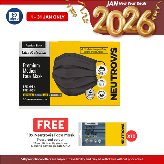 Neutrovis 4ply Premium Medical Face Mask with Extra Protection (Black) 50s | For Kids Alpro Pharmacy