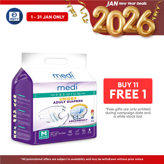 Medi Premium Unisex Adult Diapers (M) 10s | Fast Dry Absorption