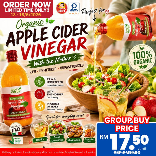 [Group Buy Delivery Starts: 21/7/2026] Love Earth Organic Apple Cider Vinegar 500g | Raw Unfiltered & Unpasteurised Group Buy