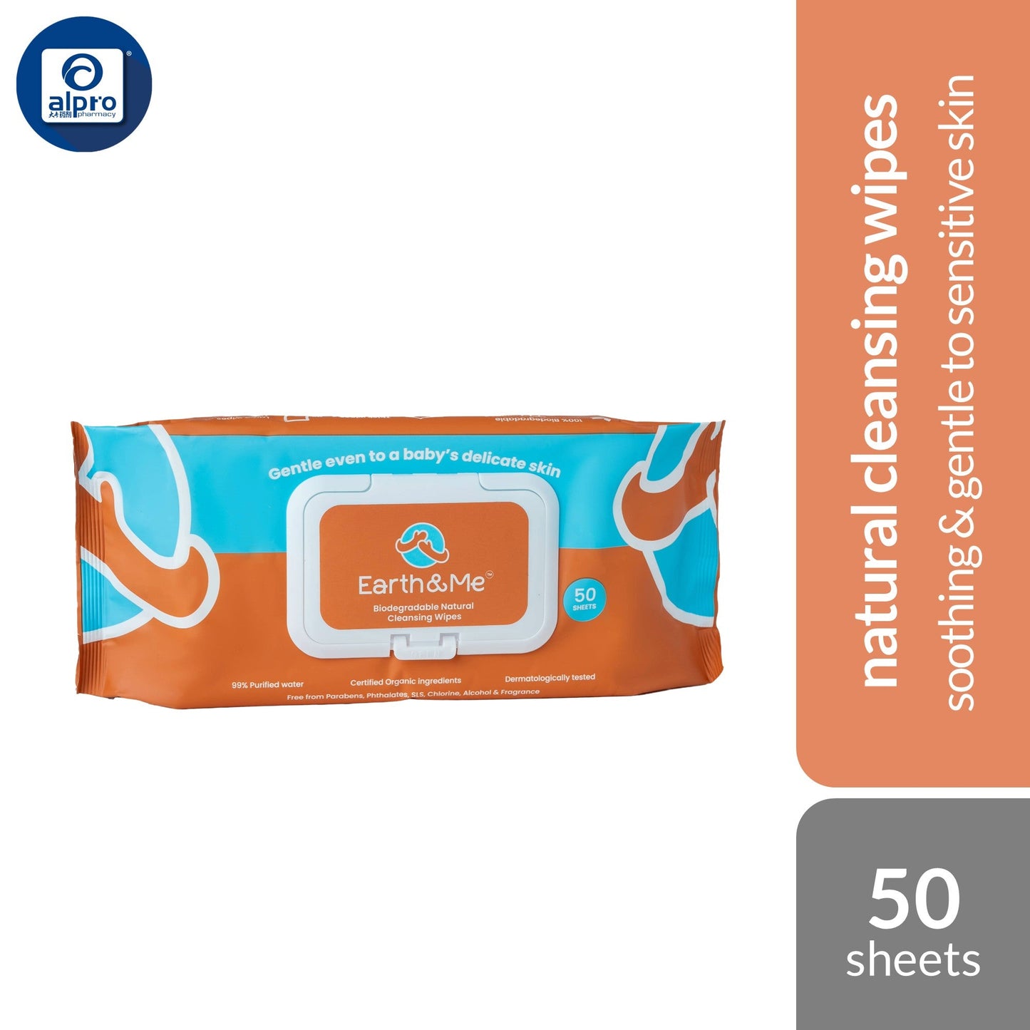 Earth & Me Biodegradable Natural Cleansing Wipes 50 Sheets | Ultra-soft Earth & Me