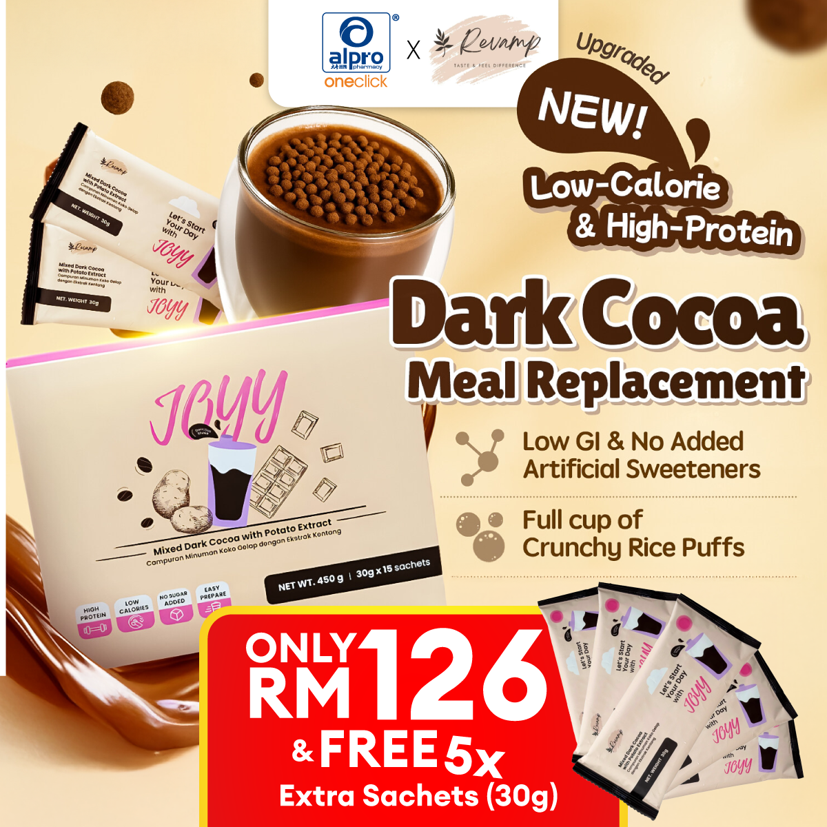 Joyy Dark Cocoa Meal Replacement with Crispy Bits 15s | Fulfilling Light Drink with Crunchy Bits
