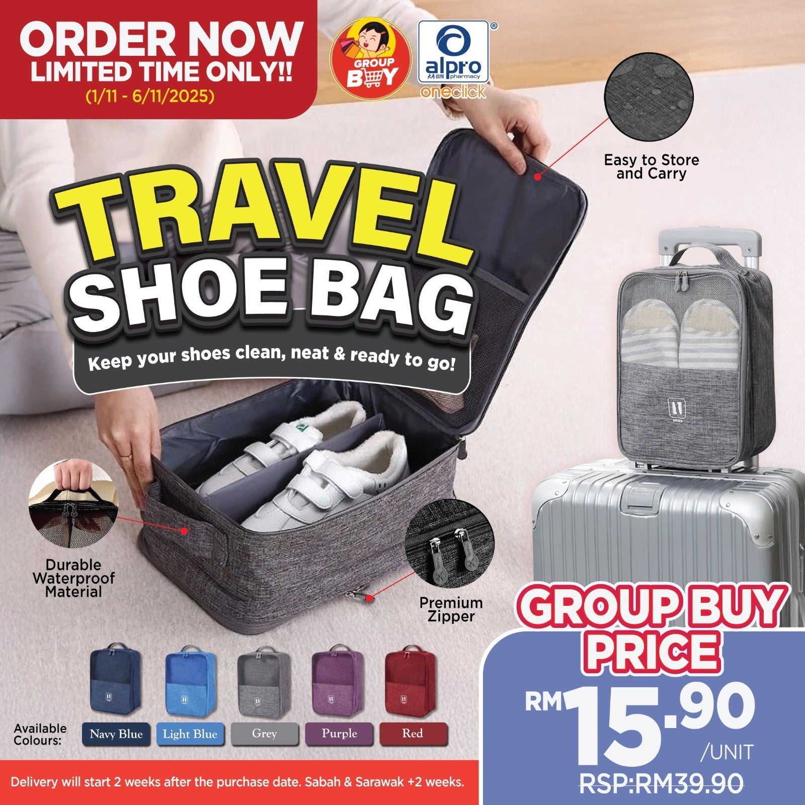 [Group Buy Delivery Starts: 24/11/2025] Portable Shoe Bag For Travel & Sports (Red/Dark Blue/Blue/Purple/Grey) Group Buy