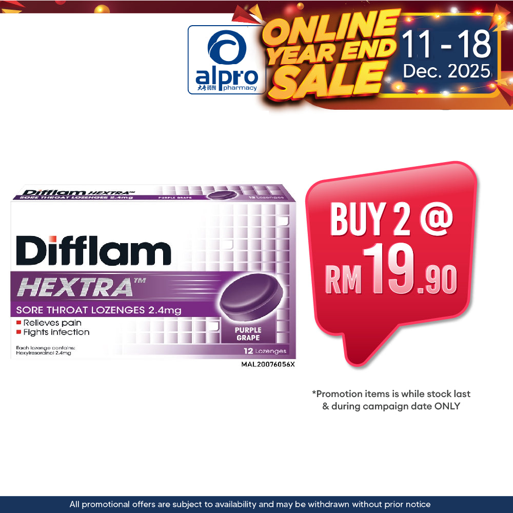 Difflam Hextra Sore Throat Lozenges Purple Grape 12s | Helps to Fight Minor Throat and Mouth Infections Difflam