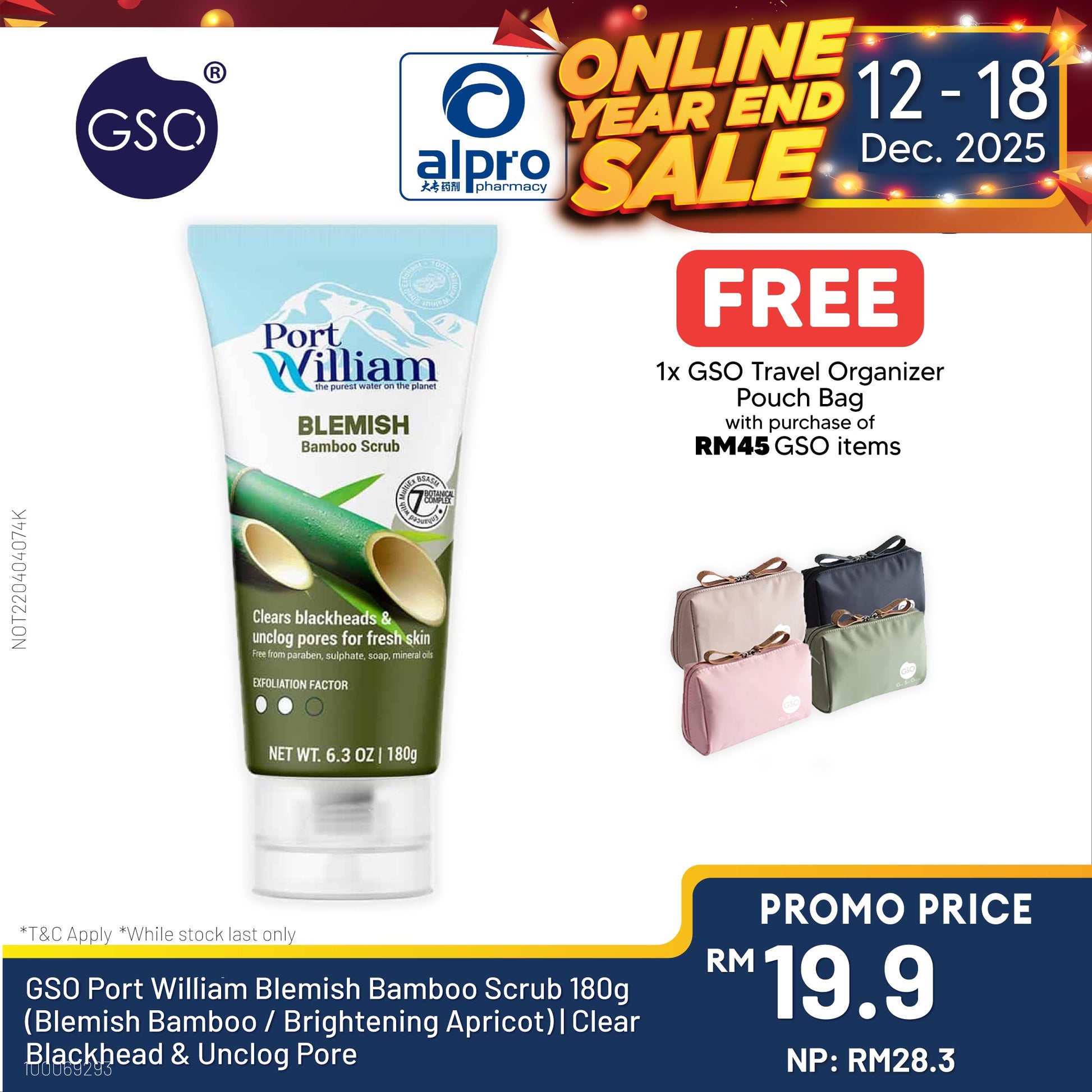 GSO Port William Blemish Bamboo Scrub 180g (Blemish Bamboo / Brightening Apricot) | Clear Blackhead & Unclog Pore Alpro Pharmacy