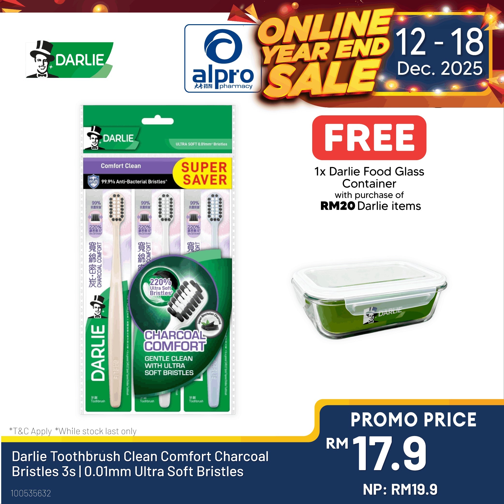 Darlie Toothbrush Clean Comfort Charcoal Bristles 3s | 0.01mm Ultra Soft Bristles Alpro Pharmacy