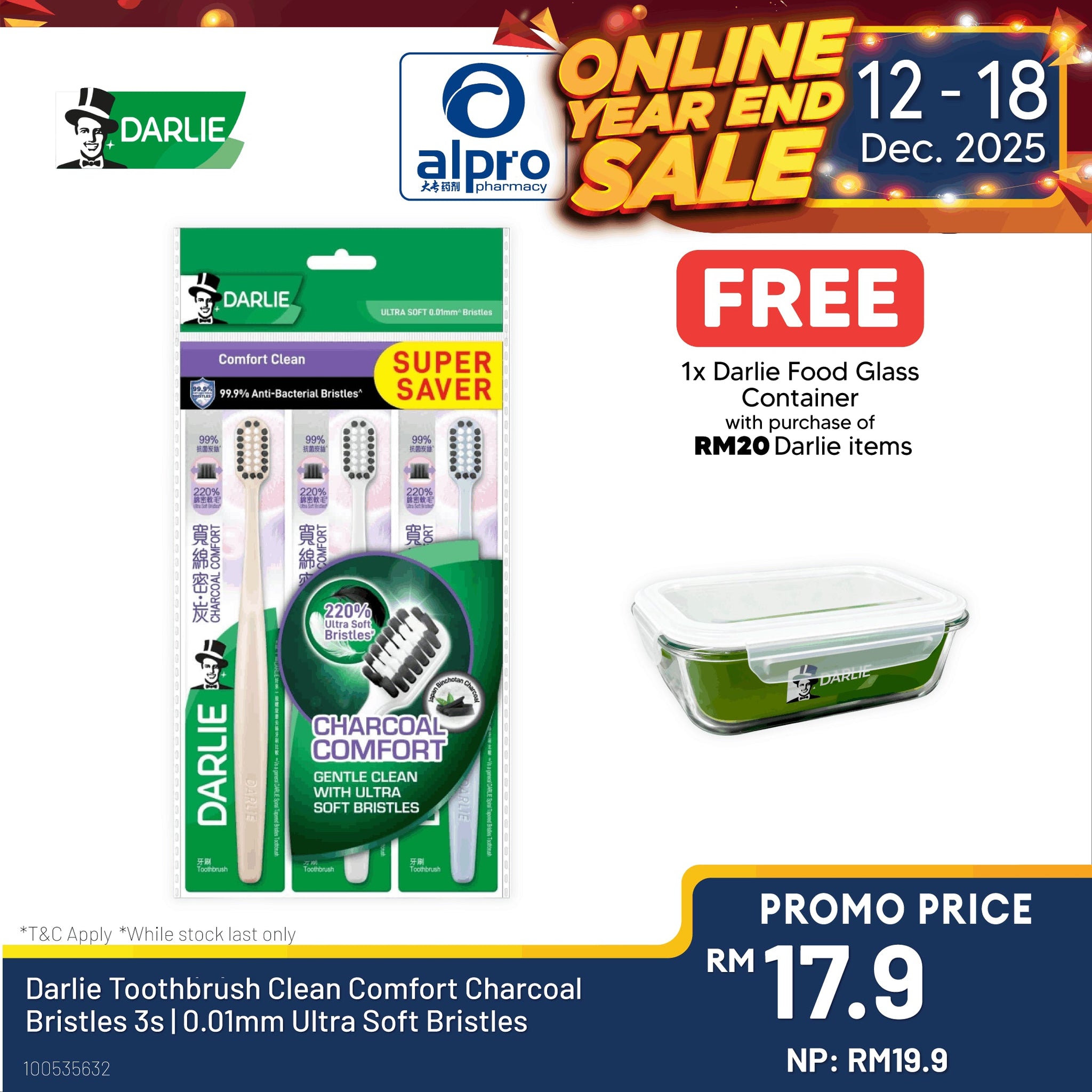 Darlie Toothbrush Clean Comfort Charcoal Bristles 3s | 0.01mm Ultra Soft Bristles Alpro Pharmacy