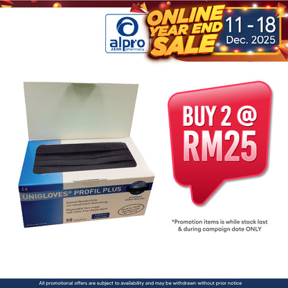 Unigloves 3 Ply Medical Face Mask Ear Loop (Black) 50s | For Adult Alpro Pharmacy