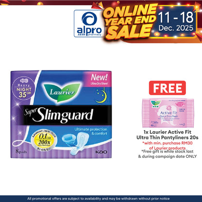 Laurier Super Slim Guard Heavy Night Wing 35cm 8s | Ultra Absorbent Alpro Pharmacy