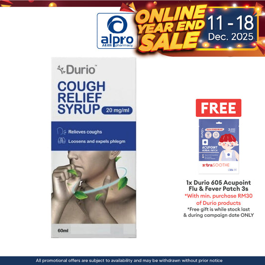 Durio Cough Relief Syrup 20mg/mL 60mL | Loosens & Expels Phlegm Alpro Pharmacy