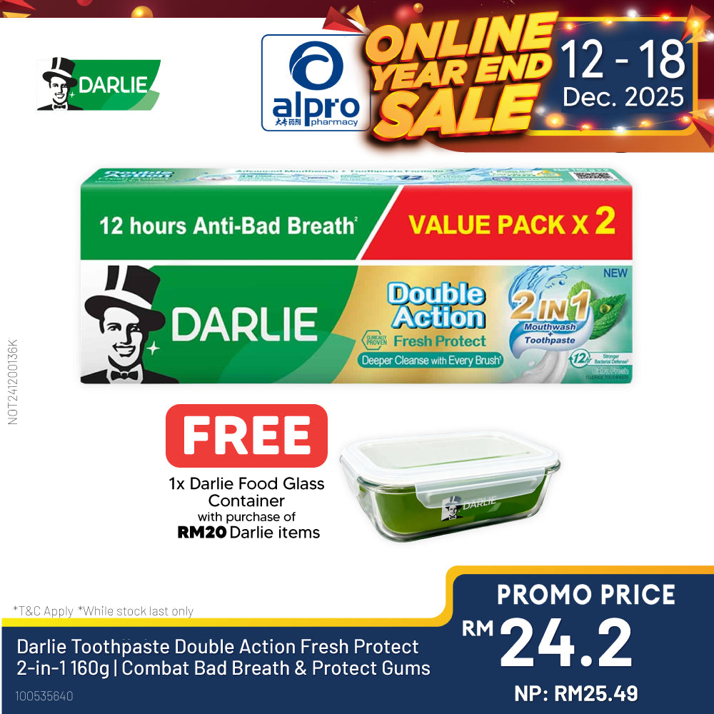 Darlie Toothpaste Double Action Fresh Protect 2-in-1 160g ×2s | Combat Bad Breath & Protect Gums Alpro Pharmacy