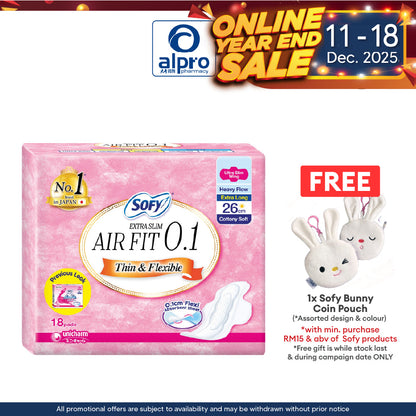 Sofy Air Fit 0.1 Day Ultra Slim Wing 26cm 18s | Thin Quick Absorbent Sheet Alpro Pharmacy