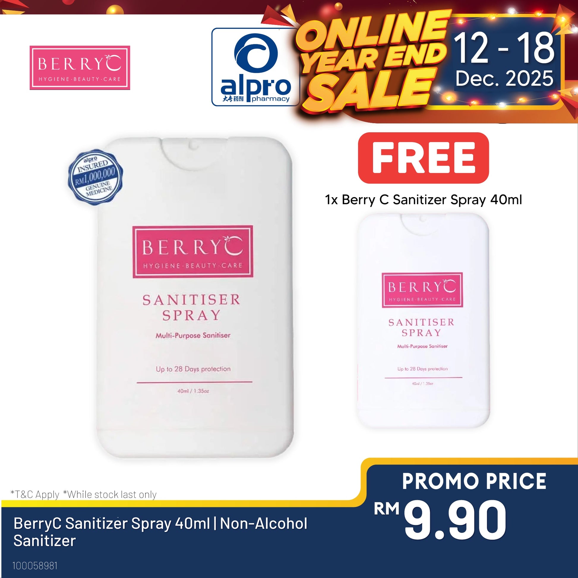 Berry C Sanitizer Spray 40ml | Non-Alcohol Sanitizer Alpro Pharmacy