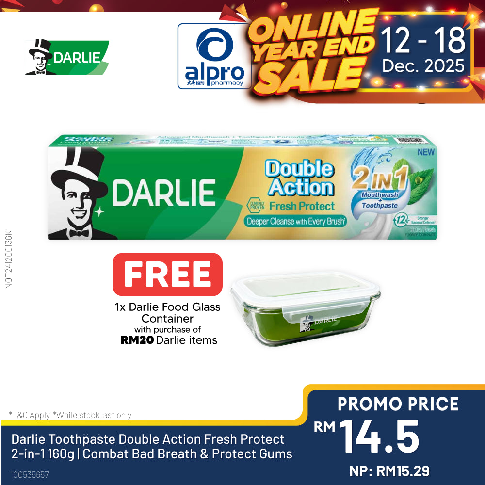 Darlie Toothpaste Double Action Fresh Protect 2-in-1 160g | Combat Bad Breath & Protect Gums Alpro Pharmacy