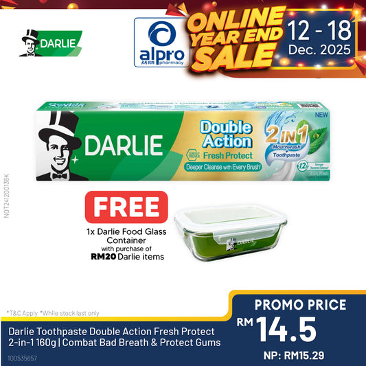 Darlie Toothpaste Double Action Fresh Protect 2-in-1 160g | Combat Bad Breath & Protect Gums Alpro Pharmacy