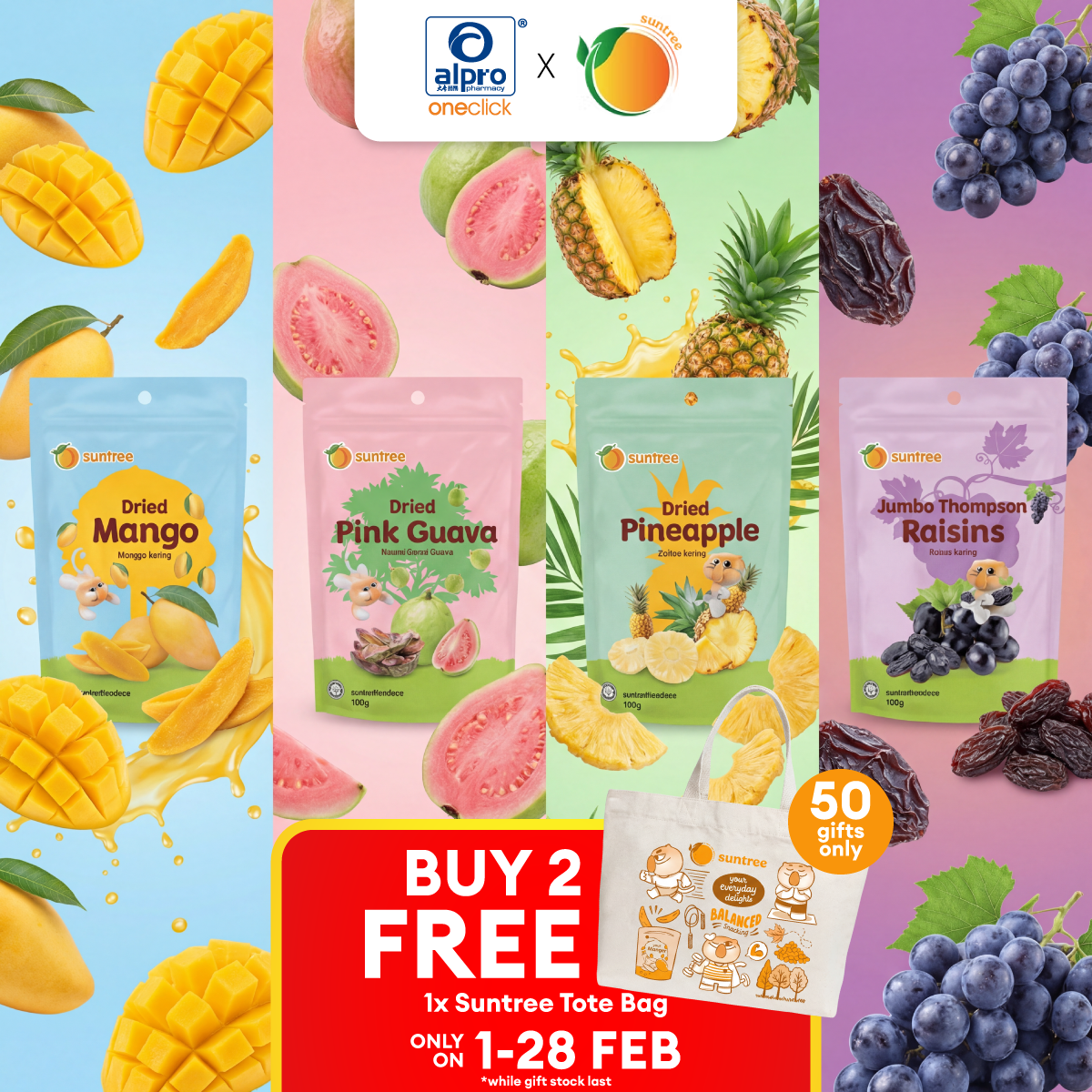 Suntree Dried Fruits (Mango/ Pink Guava/ Thompson Raisins/ Pineapple) 100g | Perfect Treat on Any Occasion Sunsweet