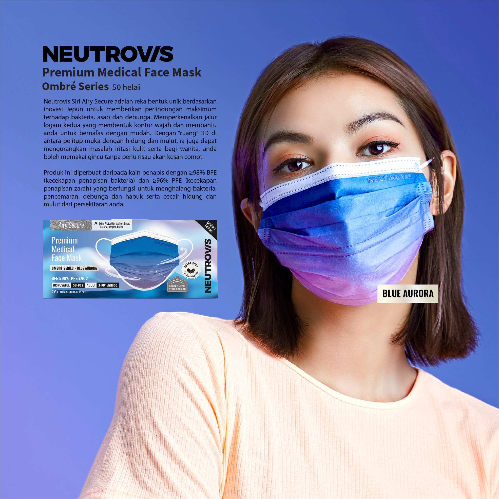 Neutrovis Airy Secure Premium 3ply Medical Face Mask 50s | Blue Aurora
