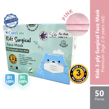 Careline 3 Ply Kids Surgical Face Mask with Ear Loop (Pink) 50S | Suitable For 2-6 Years Kids
