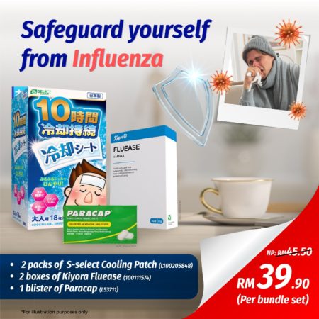 Bundle Influenza Kit Adults ( S Select Cooling Patch Adults 3s + Kiyora Fluease 12s + Paracap Paracetamol 500mg 10s)