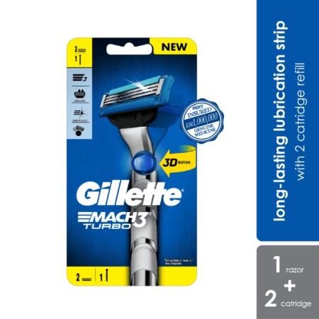 Gillette Mach 3 Turbo 3D Razor 1 Handle + 2 Catridges | Long Lasting Lubrication Strip