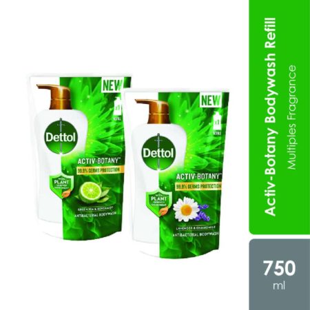 Dettol Activ-Botany Shower Gel Refill Pouch 750ml (Lavender & Chamomile / Green Tea & Bergamot) | 99.9% Germs Protection