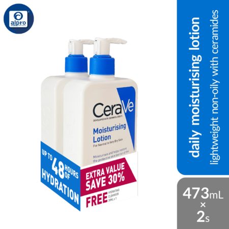 Cerave Moisturising Lotion 473mL 2s + Hydrating Cleanser 30mL | Lightweight Lotion Non-Oily With Ceramides