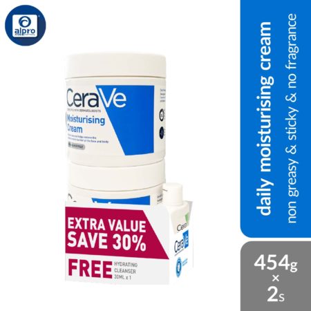 CeraVe Moisturising Cream 2s + Hydrating Cleanser 30mL | Non-Greasy & Sticky & No Fragrance
